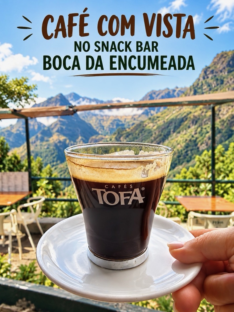 Café com vista no Snack Bar Boca da Encumeada: a glass of Cafés TOFA coffee held up in front of the terrace and the mountains